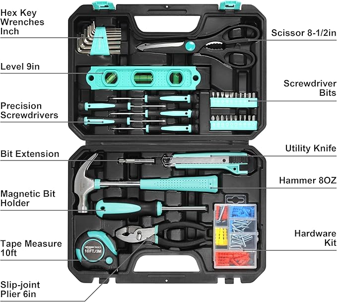 Amazon Basics 142-Piece Household Tool Kit for Home Repair,Hand Tools with Storage Case,13.39 x 9.25 x 2.95 inch,Turquoise,(Pack of 4)