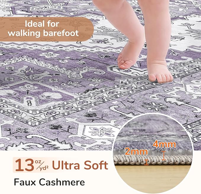 OPPODREAM Thin Area Rugs 3x5, Washable Rugs with Non Slip Backing, Low-Pile Throw 3x5 Carpet, Faux Cashmere 3 x 5 Carpet, Purple