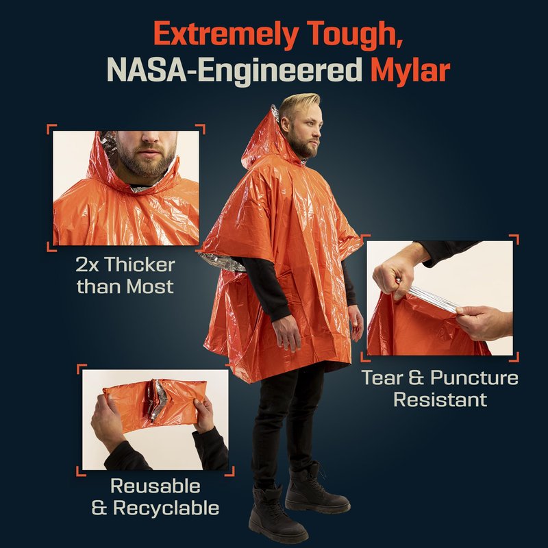 PREPARED4X Emergency Mylar Poncho – Survival Rain Poncho with Hood – Lightweight, Compact, Reusable Emergency Blanket Poncho for Hiking, Camping, Thermal Gear, Car Kit, Outdoors – 4 Pack (Orange)