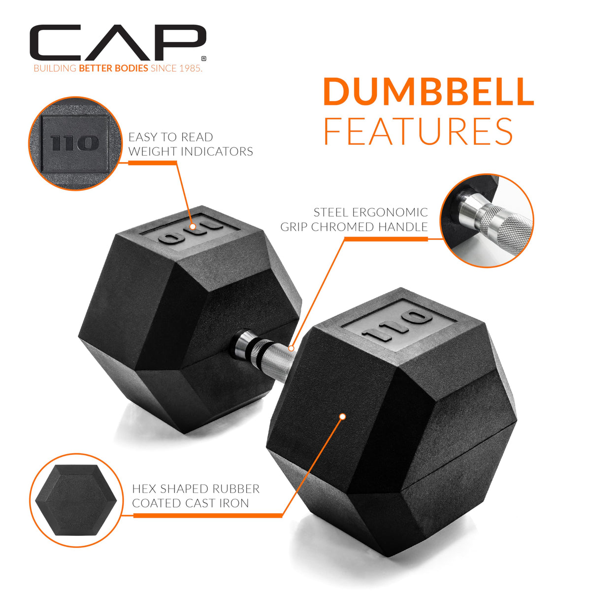 CAP 110lb Rubber Coated Hex Dumbbell, Chrome Grip, Free Weights, Single