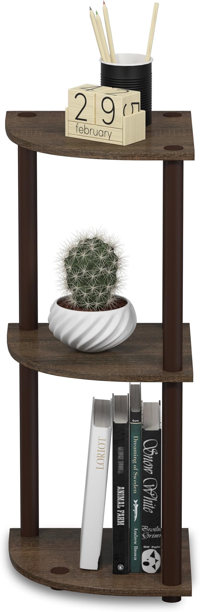 Furinno TURN-N-TUBE Corner Shelf, 3-Tier Corner Bookshelf, Display Storage Shelves with Open Shelves, for Organization and Storage, Living Room, Home Office, Garage, Walnut