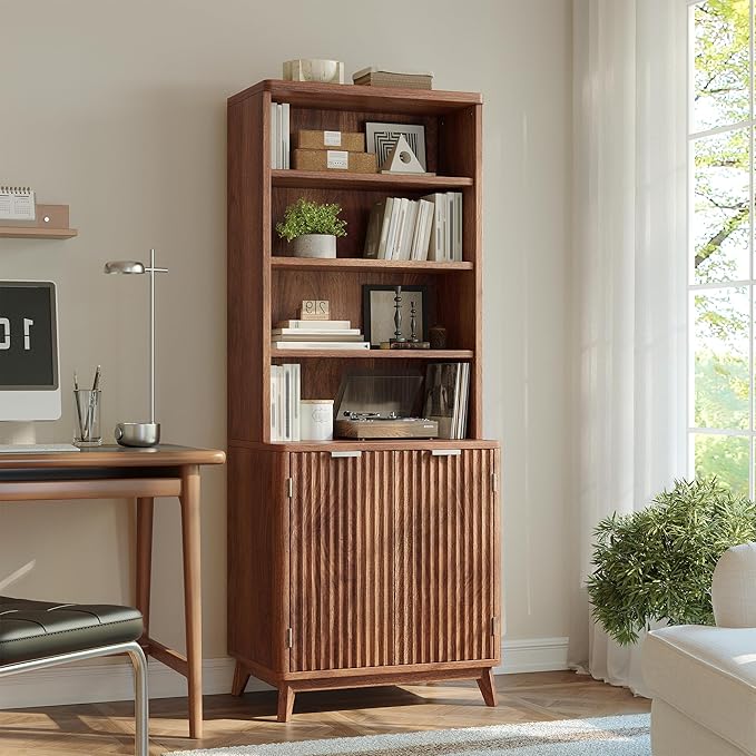 6-Tier Bookshelf, Modern Bookcase with Fluted Doors & Adjustable Shelves, Mid-Century Cabinet, Wooden Book Shelf for Home Office, Living Room, Kitchen, Walnut