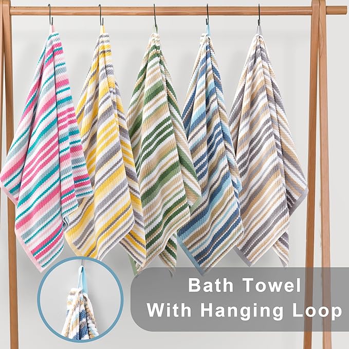 VOOVA & MOVAS Pink Soft Towel Set (6PC, 100% Cotton), Wash Cloth 13" x13, Striped Absorbent Towels Set for Bathroom & Guest, Luxury Towel Gift Set, Pink and Aqua Stripe