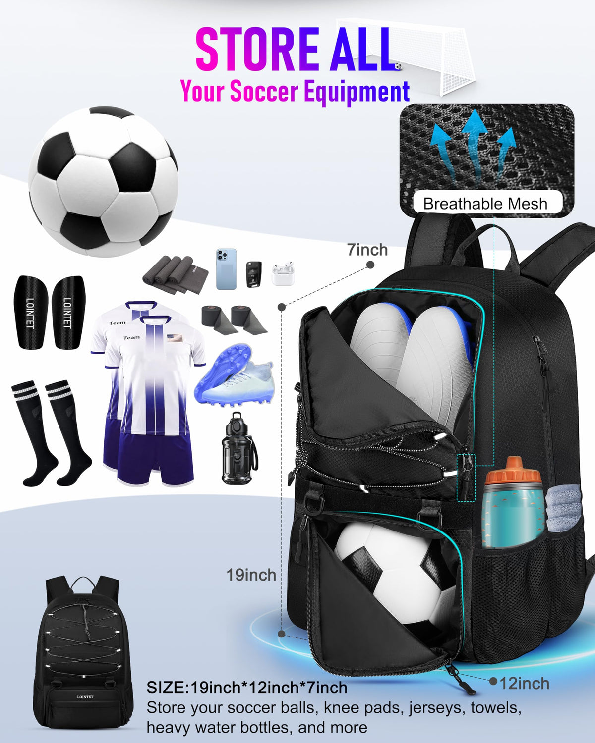LOINTET Youth Soccer Bag, Soccer Backpack with Ball Compartment, Sports Equipment Training Bags Fits Basketball Football Volleyball and Accessories, Black