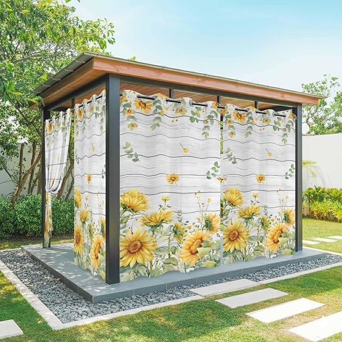 Sunflowers Outdoor Curtains for Patio Summer Floral Eucalyptus Leaf Wood Plank