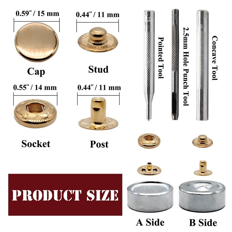 Raydodo 12 Set Leather Snap Fasteners Kit, 15mm Metal Snap Buttons Kit Press Studs with 4 Install Tools, Rivets and Snaps for Clothing, Jeans, Jackets, Bracelets, Bags (Gold)