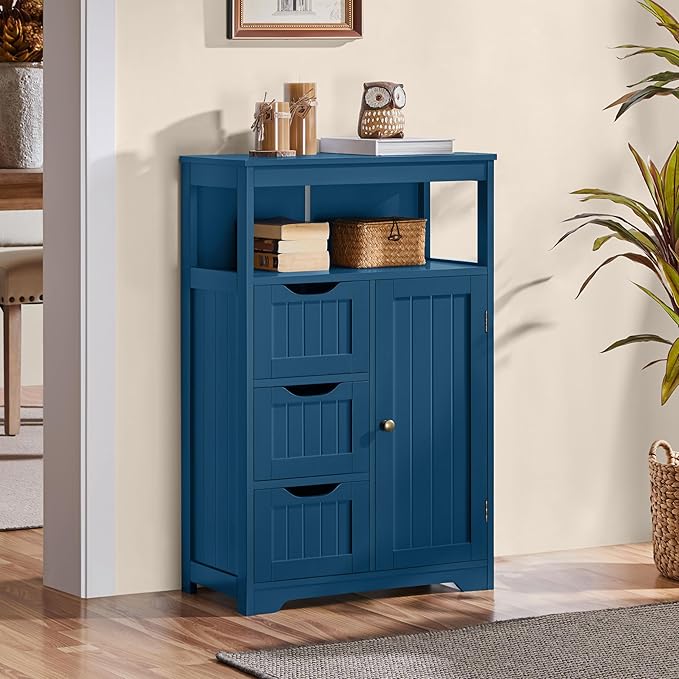 Yaheetech Bathroom Floor Cabinet, Free Standing Wooden Storage Organizer Multiple Tiers Storage Living Room Cabinet, Navy Blue