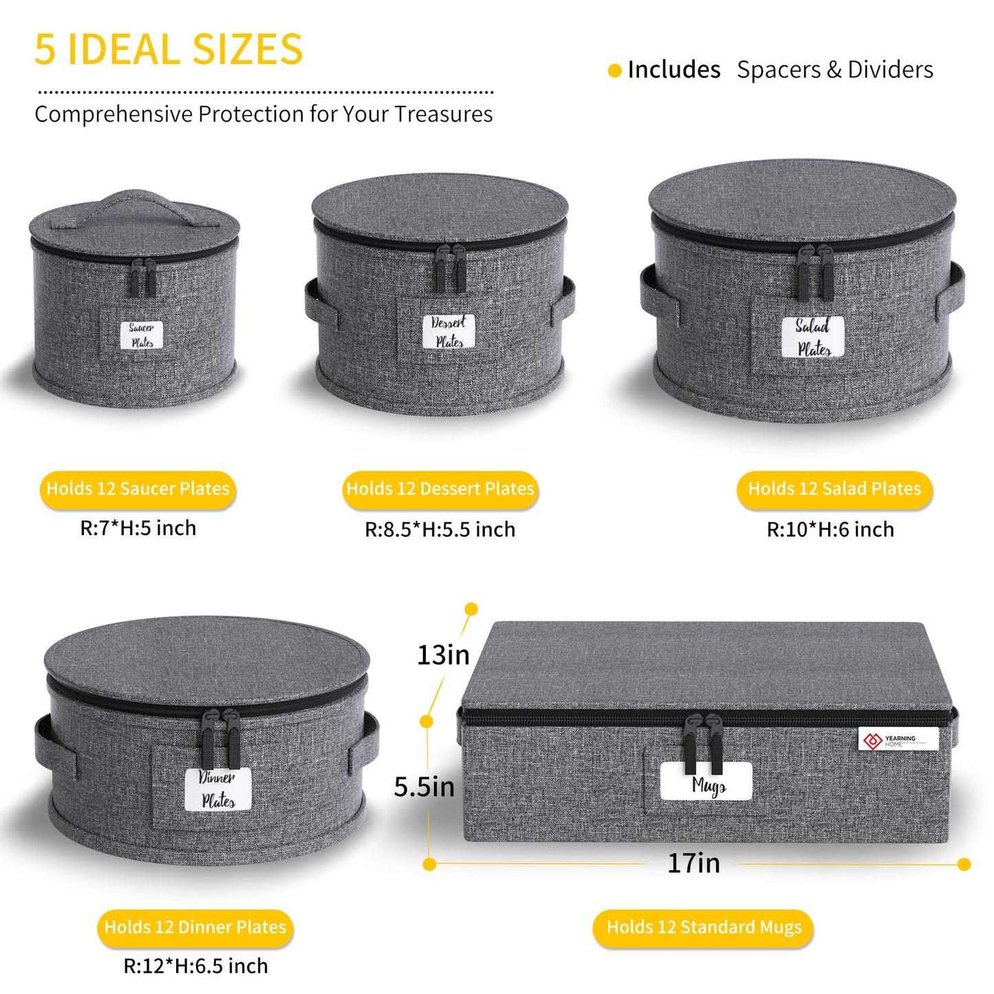 China Storage Containers Hard Shell Box for Moving Dishes, Plate, Wine and Glasses, Dinnerware, Mugs, Saucers Quilted Organizer Dividers for Packing Fine China Storage Containers 5Piece Grey
