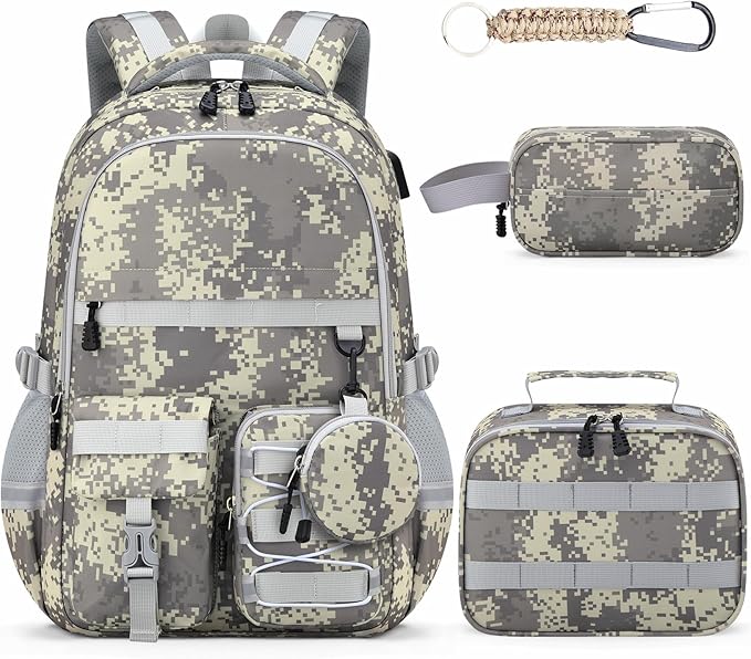 School Backpack for Boys - 5pcs Camo Boys Backpack with Lunch Box Set for Kids Teens Elementary Middle High School,18″ Large Capacity Students Bookbag