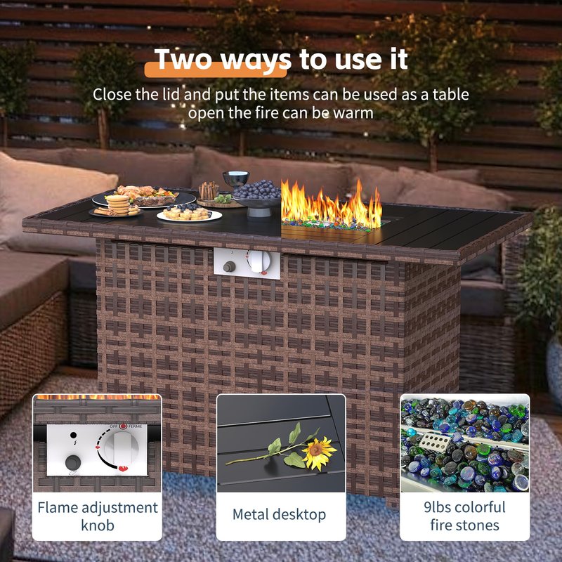 UDPATIO Furniture Set with Fire Pit Table, 8 Piece Sectional Sofas, All-Weather Wicker Conversation for Garden, Backyard, Navy Blue