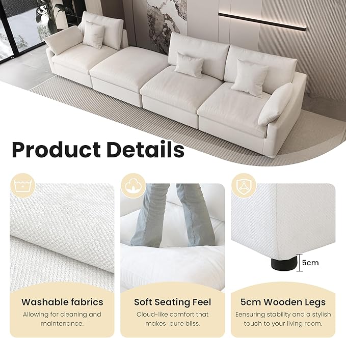 WJShome 160" Cloud Couch Sectional for Living Room, Down Filled Modular Sectional Sofa,4 Seater Convertible Couch, Sofa Covers Washable&Replaceable,White