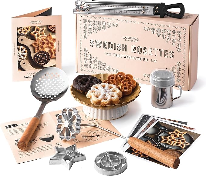 Swedish Rosette Iron Set with Handle Cooking Gifts – Rosette Maker & Bunuelos Mold Valentine's Day Baking Essentials | Funnel Cake Maker & Waffle Iron Kit – Rosettes Unique Baking Gift Set for Women