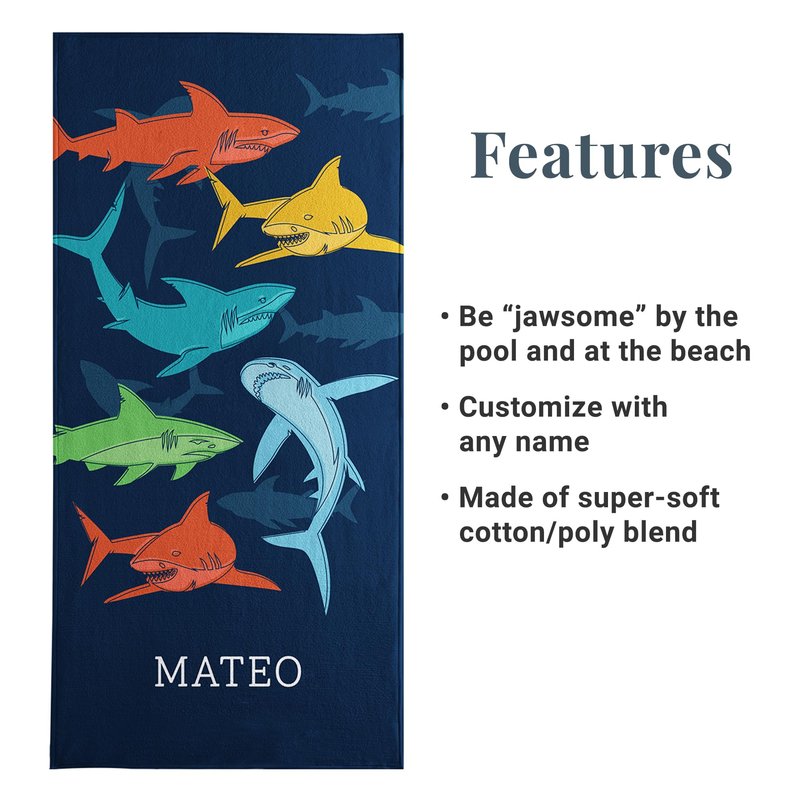 Let's Make Memories Personalized Beach Towel for Kids - Summer Camp Pool Party - Beach Vacation - Standard (30”x60”) - Colorful Sharks