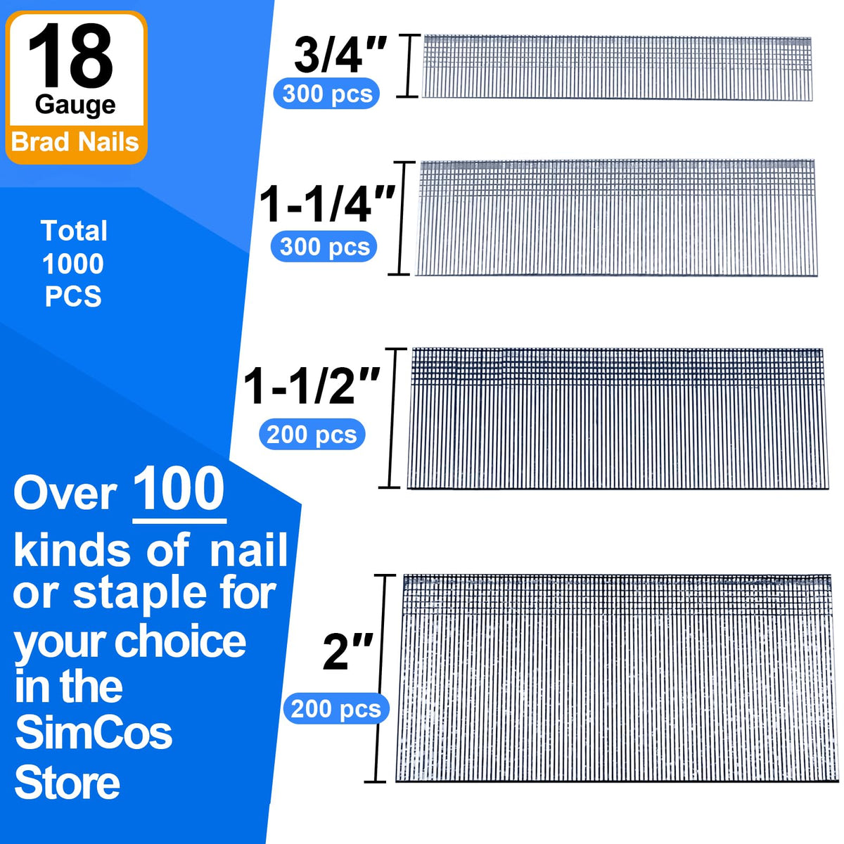 SimCos 18 Gauge Brad Nails 4 Sizes (2",1-1/2",1-1/4",3/4"),1000-Pack