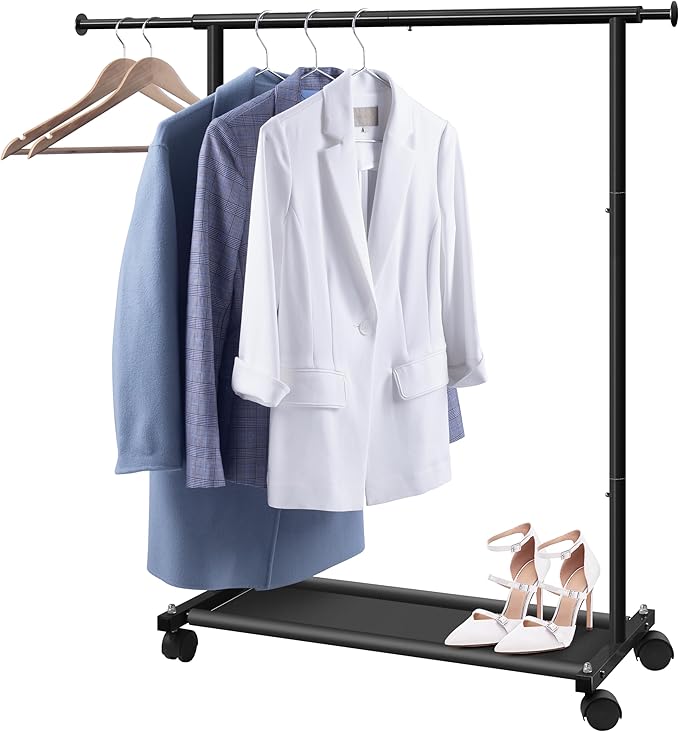 MISSLO Short Clothing Racks for Hanging Clothes with Bottom Shelves and Wheels Heavy Duty Rolling Clothes Rack Kids Clothing Rack for Adult Coat, Closet, Wardrobe (Black)