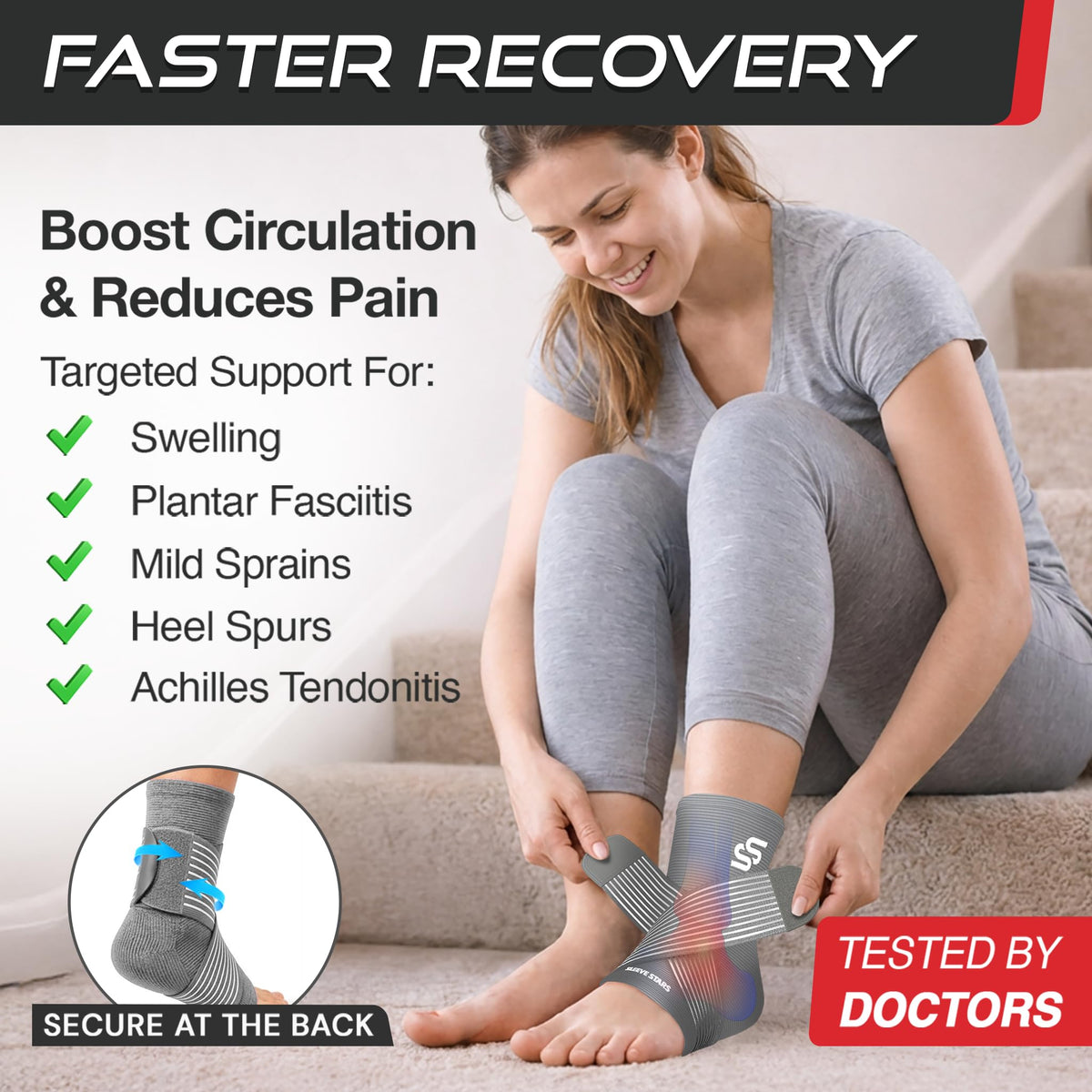 Sleeve Stars Ankle Brace for Women & Men, Ankle Wrap for Sprained Ankle, Compression Sleeve for Plantar Fasciitis Relief, Easy Customizable Support: w/Removable Strap (Single/S:9"-10"/Gray)