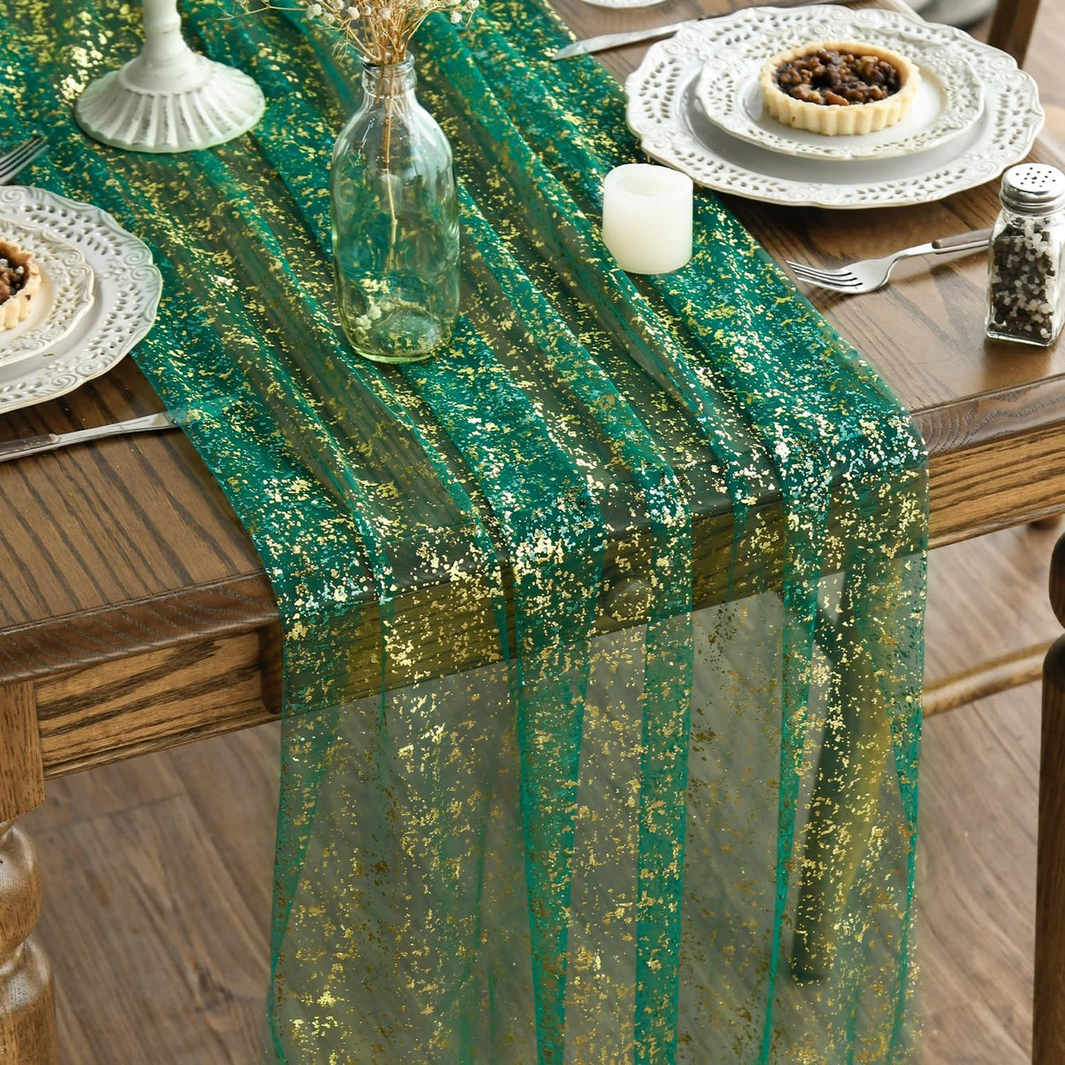 Artoid Mode 3Pcs Beige Gold Gauze Table Runner 120 Inch 10FT, Glitter Metallic Foil Sheer Dining Wedding Anniversary Holiday Birthday Table Decor for Home Party