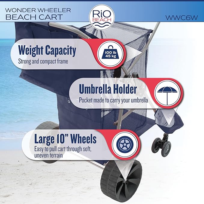 Rio Beach Wonder Wheeler Deluxe Utility, Lawn, and Beach Foldable Cart, Blue Print