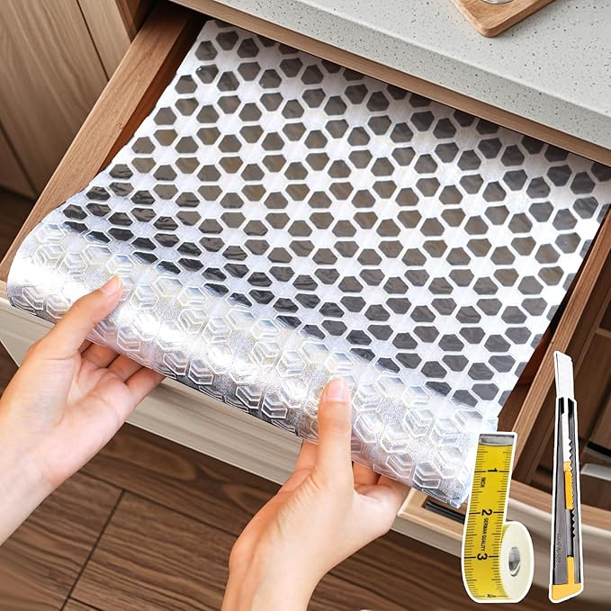 Drawer and Shelf Liner for Kitchen Cabinet: 12 in X 20 Ft Non Slip Waterproof Shelf Paper Non Adhesive Refrigerator Liners Silver Square Easy Liners for Bathroom with Knife Tape Measure