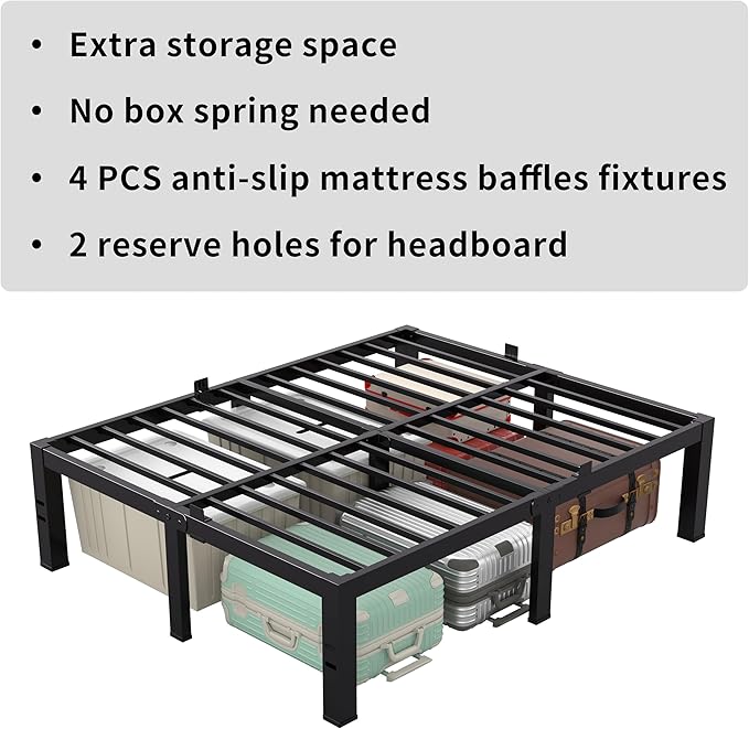 MAF King Bed Frame 14 Inch Heavy Duty Metal Platform BedFrame with Black Steel Slat Support Noise Free King-Bed-Frame, No Box Spring Needed