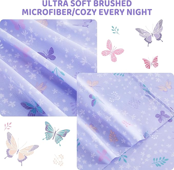 Viviland 4 Pieces Girls Light Purple Full Sheet Set - Soft Microfiber Fitted Flat Sheets & Pillowcases - Butterfly Floral Printed Bedding Sets - for Kids & Toddlers