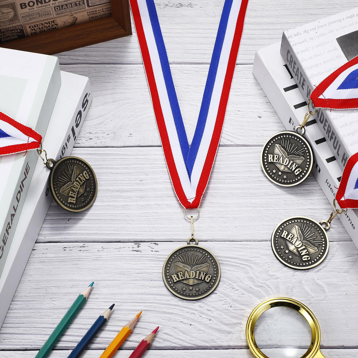 Loetere 36 Pcs Reading Book Medals 2'' Gold Reading Award Medals with Neck Ribbon Book Worm Award Prize Gift for Scholastic, Competitions