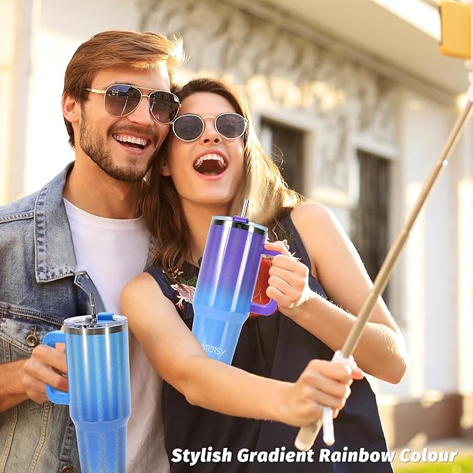 40 oz Shiny Tumbler with Handle,Tumbler with Lid and Straw,Double Wall Insulated Cup Stainless Steel Travel Mug(Cold for 34 Hours),Water Bottle for Iced Tea,Coffee,Cold Beverages(Blue)