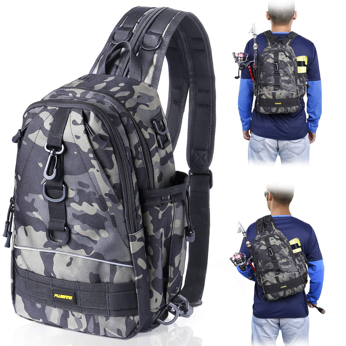 PLUSINNO Fishing Tackle Backpack Storage Bag，Outdoor Shoulder Backpack，Fishing Gear Bag，Water-Resistant Fishing Backpack with Rod Holder (Standard(14.6*8.7*5.5 inch)-Black CP)