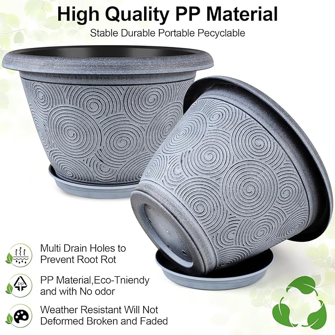 6 Inch Flower Pots Planters for Indoor Outdoor Plants, 6 Pack Plastic Small Plant Pots with Drainage Hole & Tray, Modern Decorative Garden Pot with Saucer, Plant Container for House