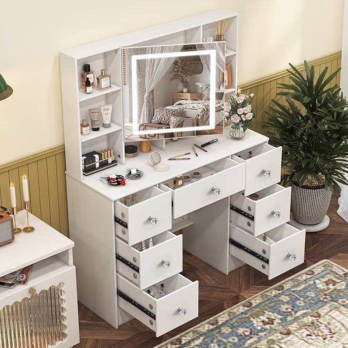 Large Vanity Table, Makeup Vanity with Mirror and LED Lights, 7 Drawers 8 Open Shelves, Crystal Handle, Hollywod Vanity Table for Girls and Women,100 * 40 * 140cm, Modern White