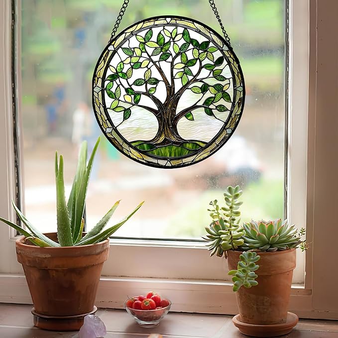 Stained Glass Window Hanging - Brown Tree Trunk Green Leaves Sun Catcher for Door Garden Home Decor Plant Suncatcher Christmas Mother's Day Birthday Gifts for Women Men Mom Nana 11.8 in