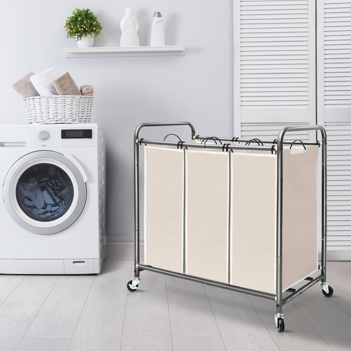 STORAGE MANIAC 3 Section Laundry Sorter, 35.6 Gal (135 L) Laundry Hamper Cart with Heavy Duty Rolling Lockable Wheels and Removable Bags, Clothes Organizer Basket Separator Hamper, Beige