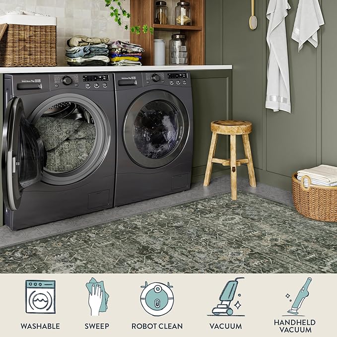 Lahome Washable Area Rugs 5x7 Green Rugs for Living Room,Boho Rug for Bedroom,Dining Room Carpet for Under Table, Distressed Non Slip Low Pile Carpet for Indoor Home Office Nursery(5'x7',Green)