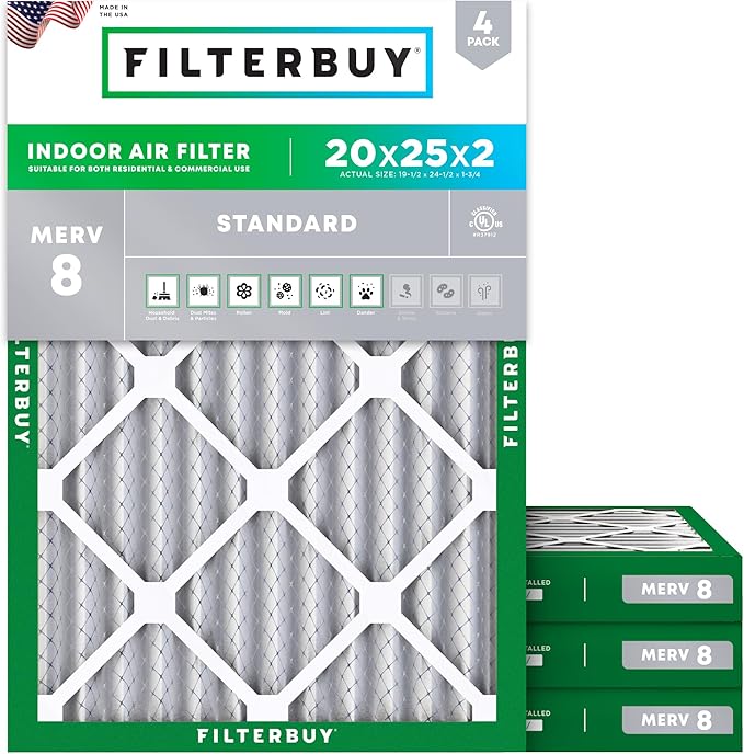 Filterbuy 20x25x2 Air Filter MERV 8 Essential Dust & Allergy Defense,