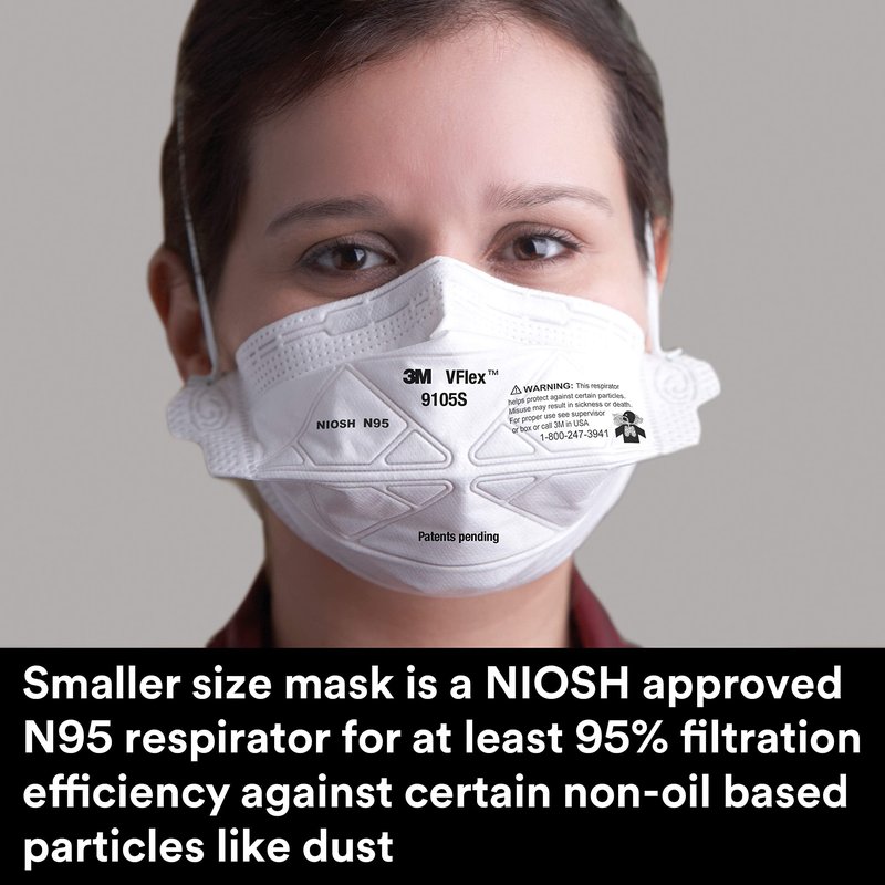 3M N95 Disposable Respirator, VFlex Particulate Respirator 9105S, Small Size, Box of 50, NIOSH Approved, Sweeping, Sanding, Grinding, Sawing, Bagging, Dust
