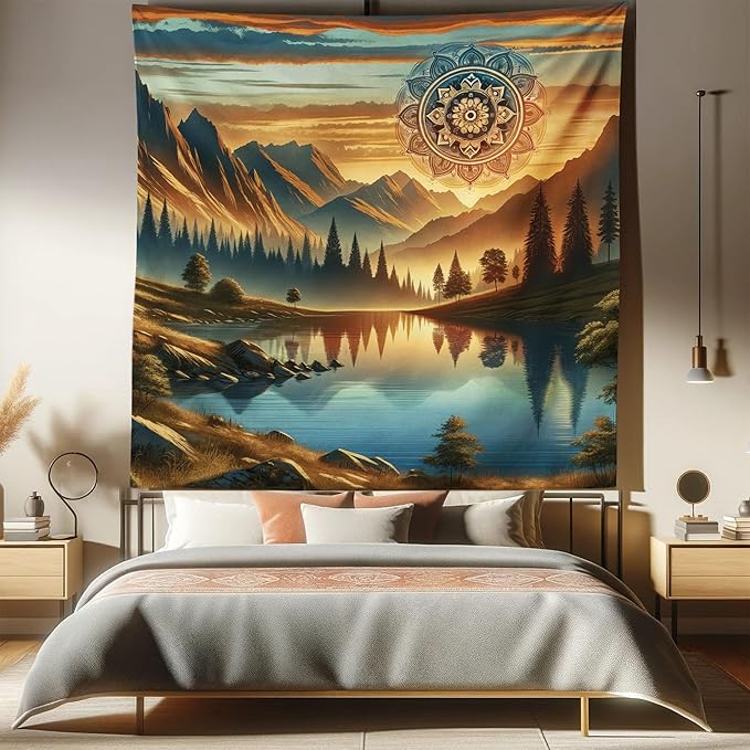 Ambesonne Mountain Tapestry Queen Size, Laky Scenic Mounts and Woods Oriental Dream Aura Mandala Flower Boho, Wall Hanging Bedspread Bed Cover Wall Decor, 88" X 88", Pale Vermilion Sea Blue