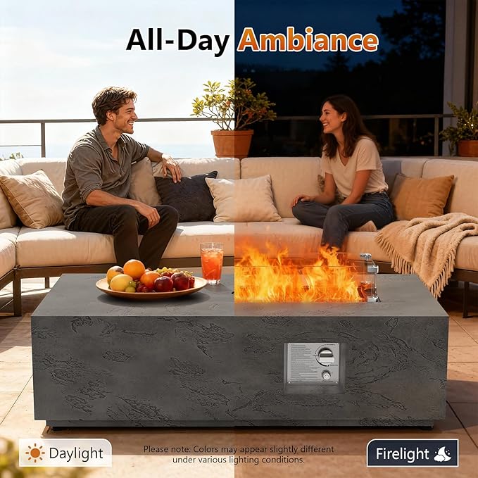 2-Piece 42" Rectangular Propane Fire Pit for Outside Patio with Hidden Tank Table, 50,000 BTU Fireplaces with Glass Wind Guard, Lid, Glass Rocks, Cover(Grey Rock Veins)