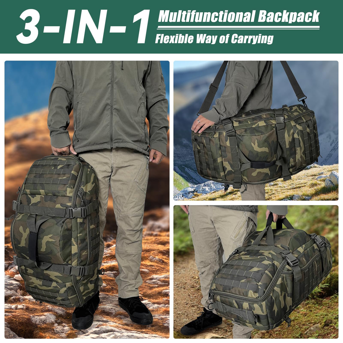 Hannibal Tactical 55L Large Duffle Bag, 3-in-1 Tactical Backpack MOLLE Pack for Sports, Gym, Outdoor, US Woodland