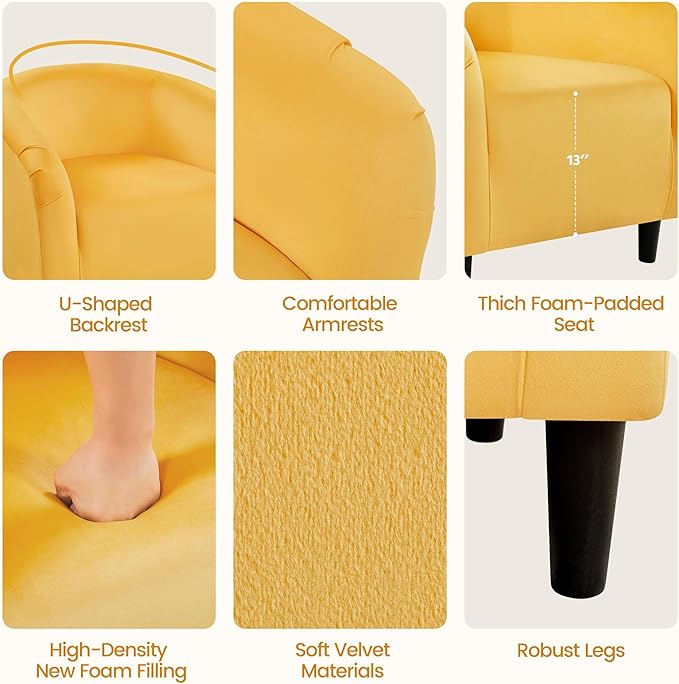 Yaheetech Barrel Chairs, Velvet Accent Chairs with Soft Padded Armrest for Living Room Bedroom Waiting Room Office, Set of 2, Yellow