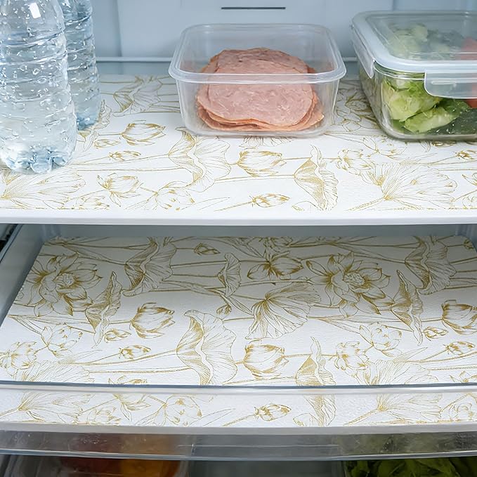 Shelf Liners Non Adhesive Light Base Gold Lotus Pattern - Thickened Non-Slip Easy to Clean Drawer Liner for Kitchen Cabinets, Tool Box, Refrigerator, with Knife & Tape Measure, 12in x 10FT
