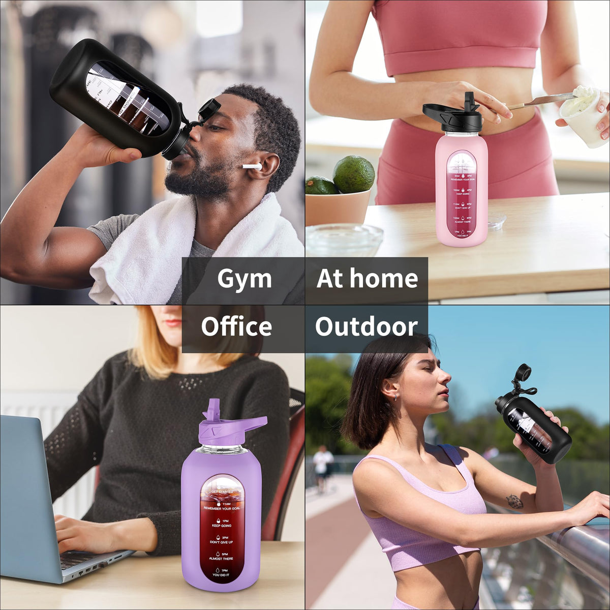 CIVAGO 40 oz Glass Water Bottle with Straw and Handle, Large Sports Motivational Water Bottle Flask with Time Marker and 2 Lids, Leakproof Water Jug Canteen with Silicone Sleeve for Gym, Beige