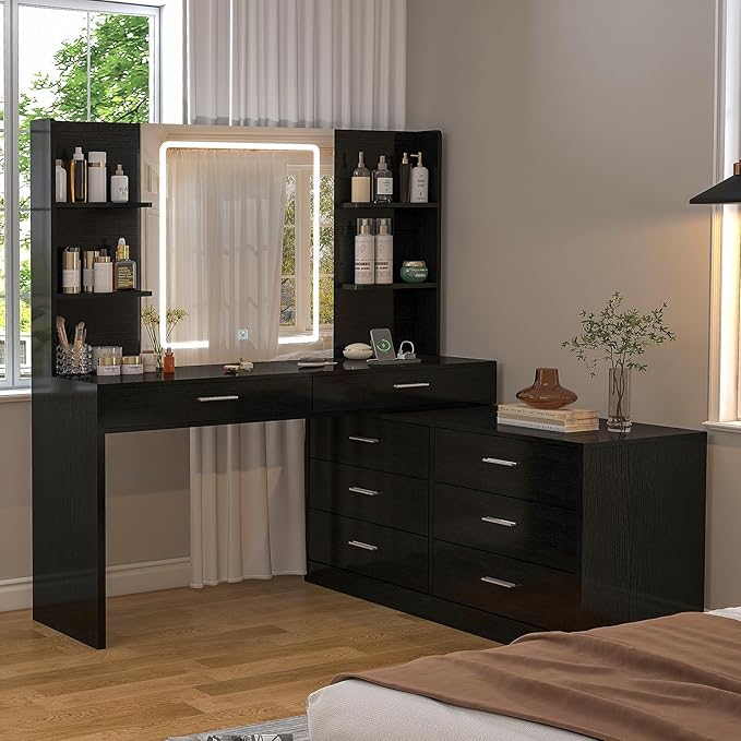 Vanity Makeup Desk with LED Light Mirror & Power Outlet, 8 Drawers, 6 Storage Shelves, 3 Color Modes & Adjustable Brightness Dressing Table, Corner Vanity, L Shape Change, 39.4”Desk, Black