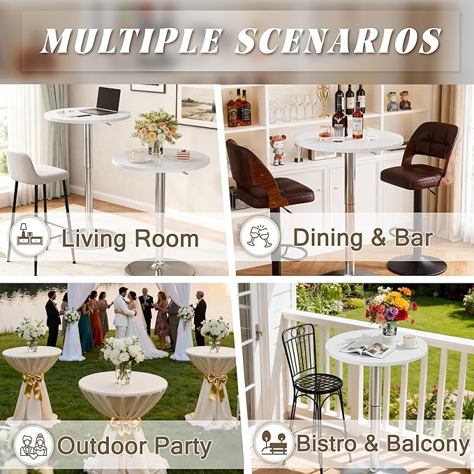 Shahoo Round Bar Table, Adjustable Height and 360° Swivel Bistro Pub Table, Cooktail Table for Bar, Bistro, Dining Room, White with Silver Base