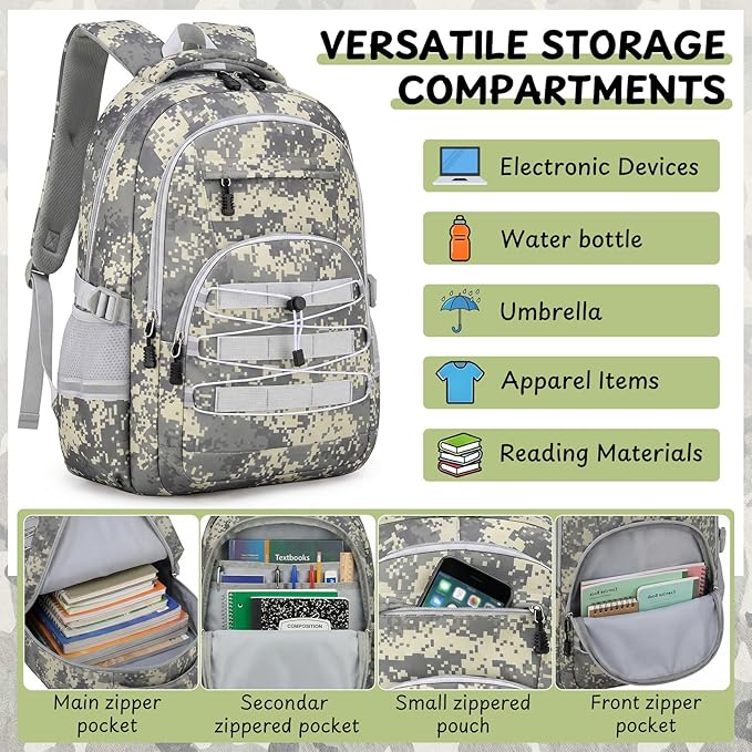 Kids Backpack for Boys - Camo Boys Backpacks for Kids Teens Elementary Middle School, 18″ Camouflag Students Bookbag with Usb Charging Port & Key-chain, Perfect for Travel and School