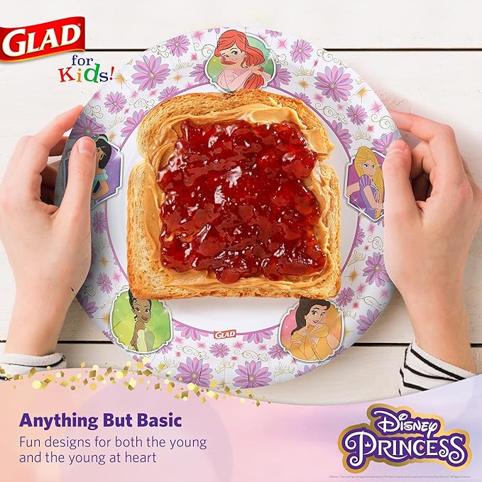 Glad Disney Princess Kids Paper Plates, Heavy Duty Soak Proof and Microwavable, Cut Resistant Disposable Snack Plates for Everyday Meals, School Lunches and Birthday Parties, 8.5 Inch, 40 Count