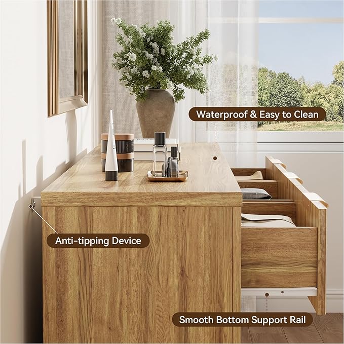 Fluted Dresser for Bedroom, 9 Drawer Dresser with Gold Handle, 57" Wide Chest of Drawers, Modern Wood Dressers Organizer for Bedroom, Liveroom, Entryway, Natural Oak