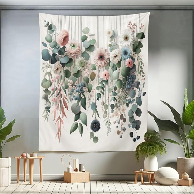 Ambesonne Flower Tapestry Twin Size, Modern Lines Leafy Eucalyptus Pattern with Tender Sunflower and Peony, Wall Hanging Bedspread Bed Cover Wall Decor, 68" X 88", Grey Teal Laurel Green