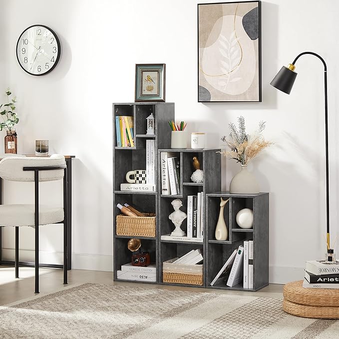 VECELO Small Bookshelf, 4 Cube Slim Bookcase, Fits Tallest Hardcovers, Horizontal Available, Modern Floor Standing Unit, Each Shelf Hold Up to 66 LBS,Gray
