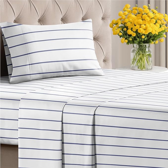 Striped Sheets - Navy Blue & White Striped Sheets - 1 Flat & 1 Fitted & 1 Pillowcase w/ Deep Pockets – Wrinkle & Fade Free - Soft Breathable & Cooling – Luxury Pinstripe Bedding - Twin XL Size Bed Set