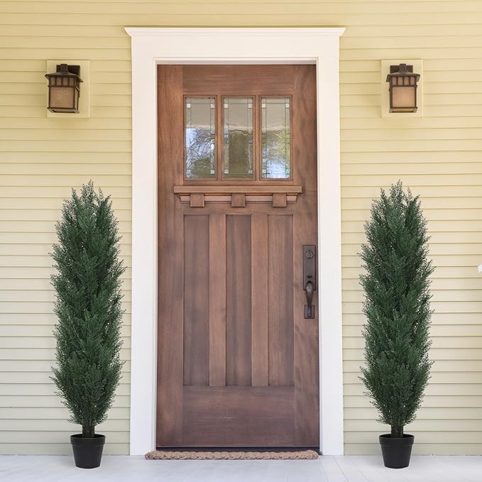 THE BLOOM TIMES 5ft Topiary Trees Artificial Outdoor Set of 2, UV Resistant Faux Cedar Pine Cypress Bushes & Shrubs, Fake Plants for Front Porch Outside Planter Patio Christmas Decor 5 Foot Tall